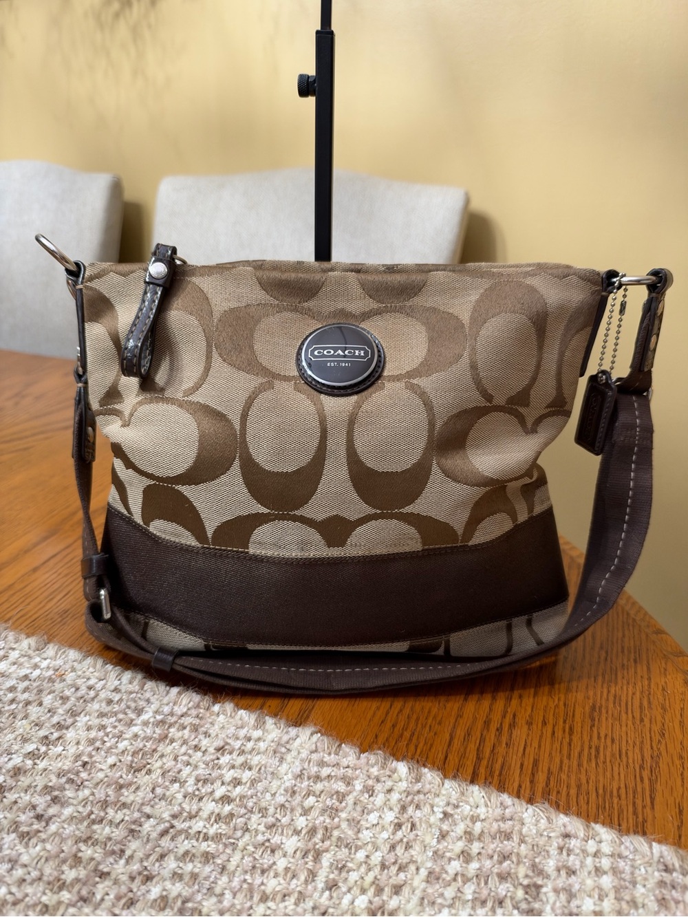 Coach Brown Signature Canvas Shoulder Bag with Dark Brown Trim